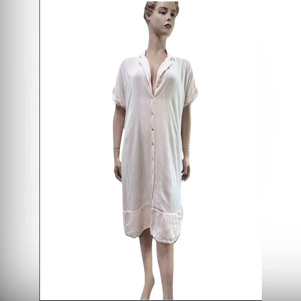 SIMPLE Cream Midi Dress with Short Sleeves and Classic Collar